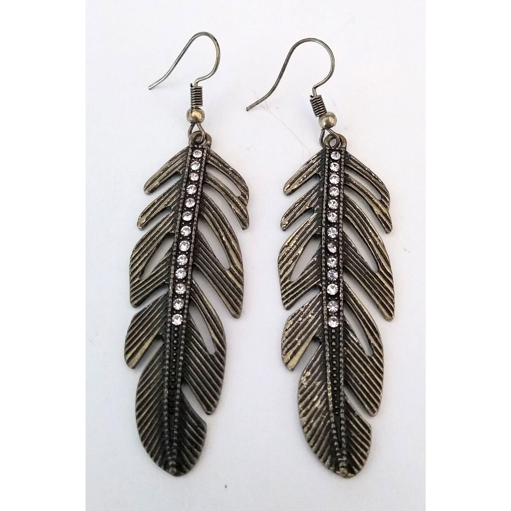 Feather Earrings Brass Tone Wire Dangle Boho Cowgirl Western Rhinestone